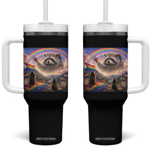 LGBTQ Pride Raccoon Rainbow Flag Tumbler With Handle Two Raccoons Howling to The Rainbow