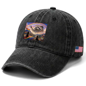 LGBTQ Pride Raccoon Rainbow Flag Washed Cotton Baseball Cap Two Raccoons Howling to The Rainbow