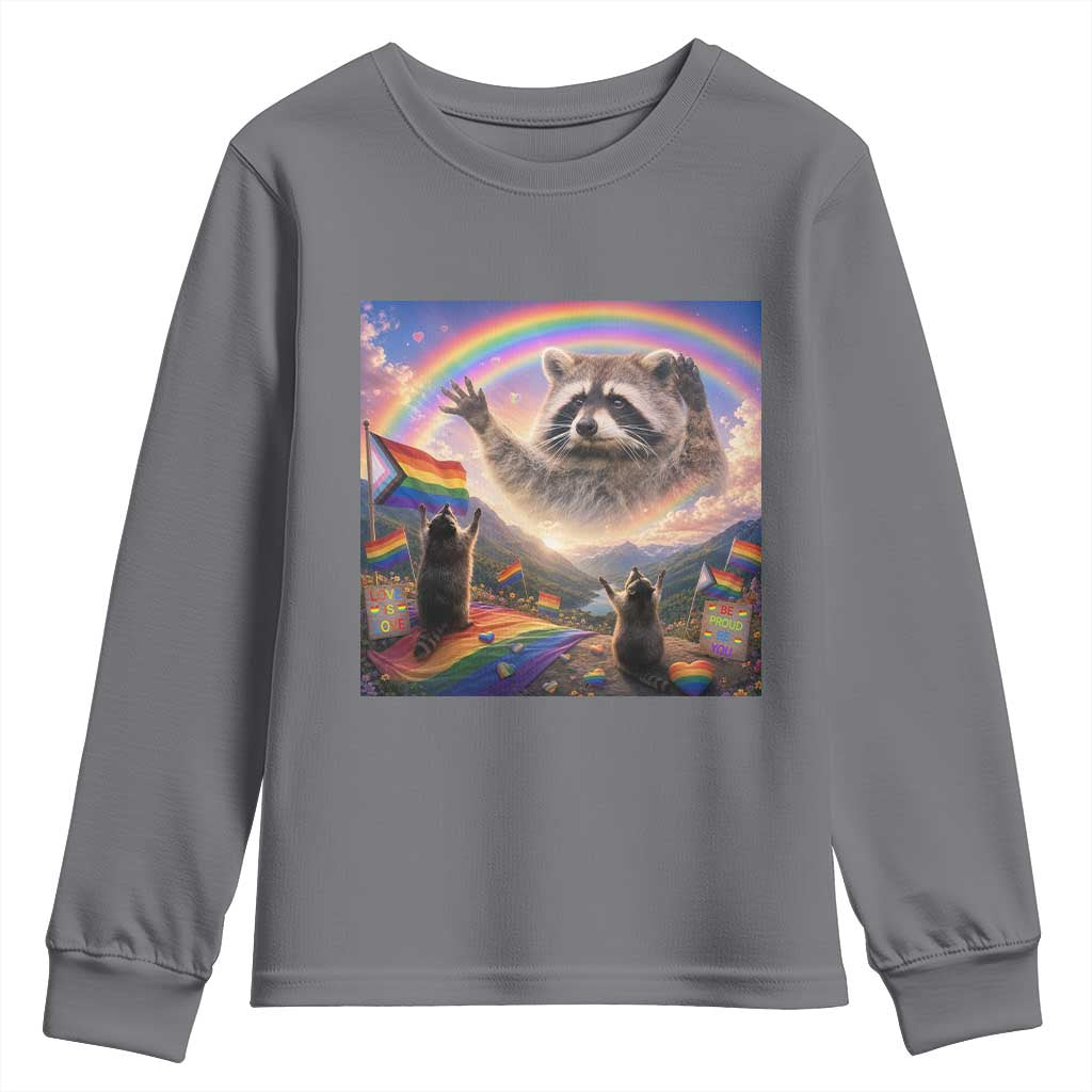 LGBTQ Pride Raccoon Rainbow Flag Youth Sweatshirt Two Raccoons Howling to The Rainbow TS14 Charcoal Print Your Wear