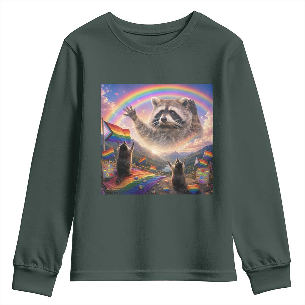 LGBTQ Pride Raccoon Rainbow Flag Youth Sweatshirt Two Raccoons Howling to The Rainbow TS14 Dark Forest Green Print Your Wear