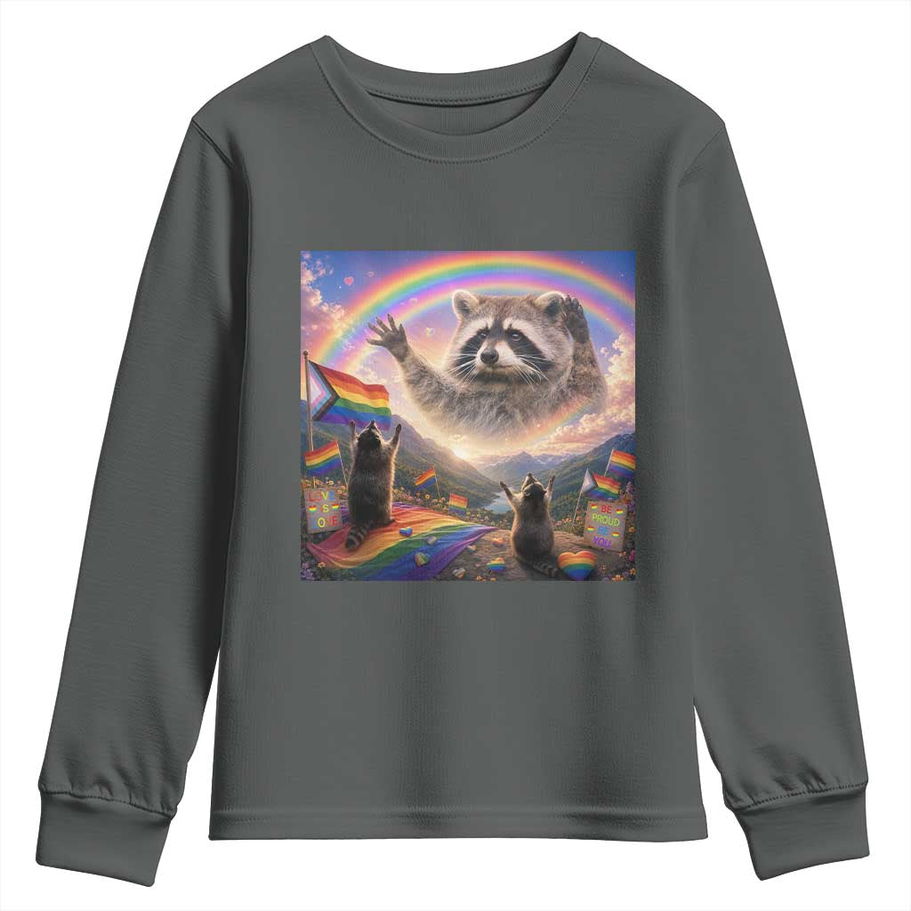 LGBTQ Pride Raccoon Rainbow Flag Youth Sweatshirt Two Raccoons Howling to The Rainbow TS14 Dark Heather Print Your Wear
