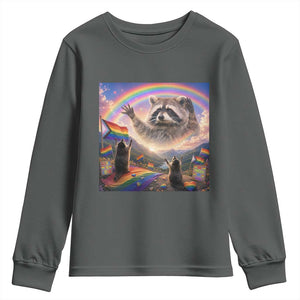 LGBTQ Pride Raccoon Rainbow Flag Youth Sweatshirt Two Raccoons Howling to The Rainbow TS14 Dark Heather Print Your Wear