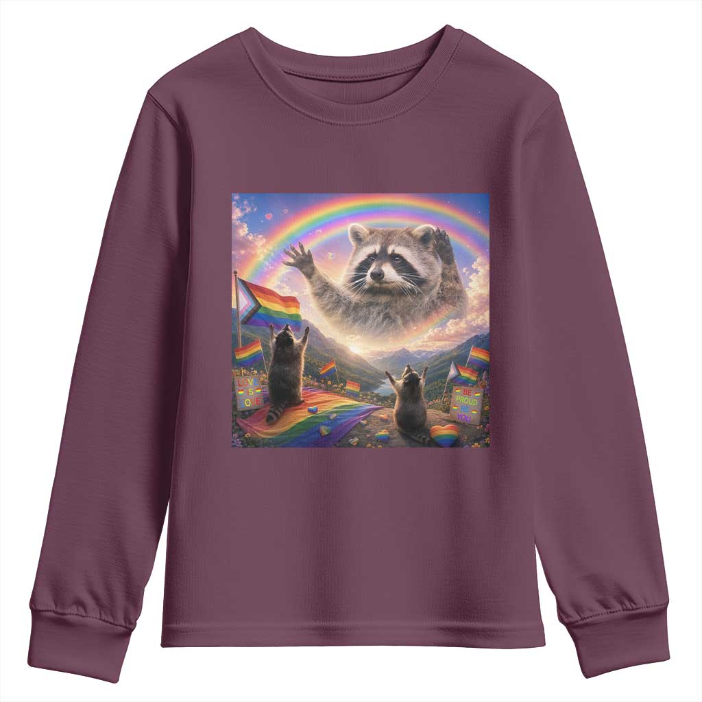 LGBTQ Pride Raccoon Rainbow Flag Youth Sweatshirt Two Raccoons Howling to The Rainbow TS14 Maroon Print Your Wear