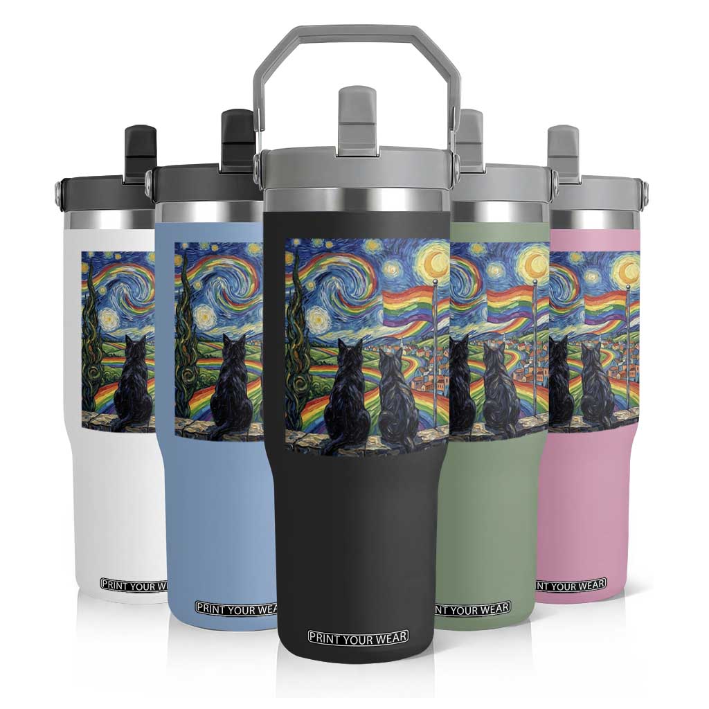 Cat Gay Pride Flip Straw Tumbler Starry Night Style LGBTQ Pride Support TS14 Print Your Wear