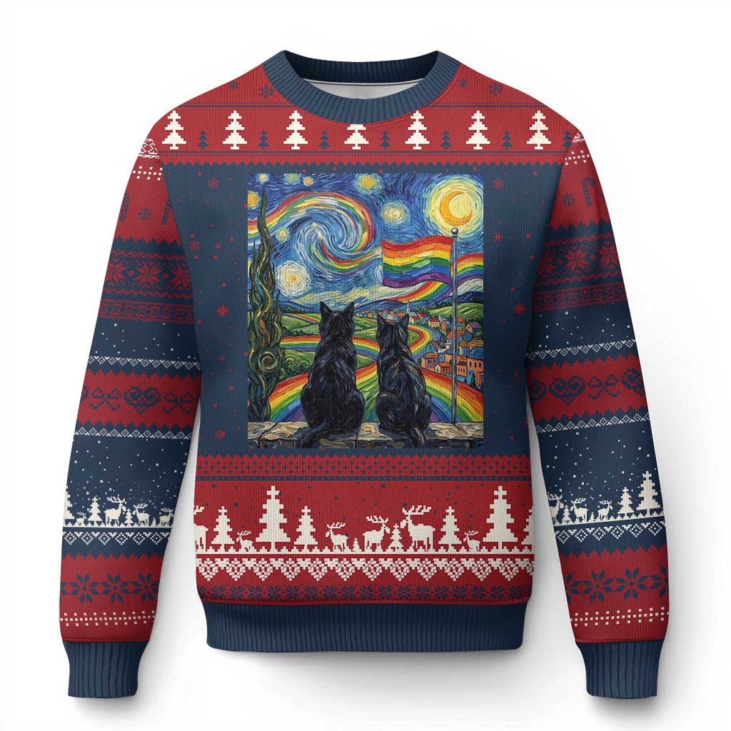 Cat Gay Pride Ugly Christmas Sweater Starry Night Style LGBTQ Pride Support TS14 Navy Red Print Your Wear