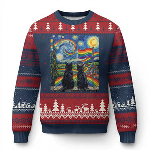 Cat Gay Pride Ugly Christmas Sweater Starry Night Style LGBTQ Pride Support TS14 Navy Red Print Your Wear