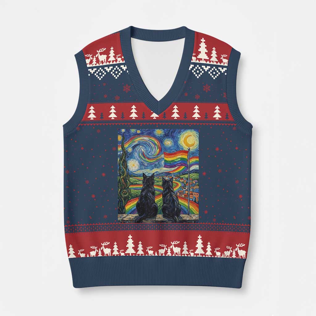 Cat Gay Pride V-Neck Knit Sweater Vest Starry Night Style LGBTQ Pride Support TS14 Navy Red Print Your Wear