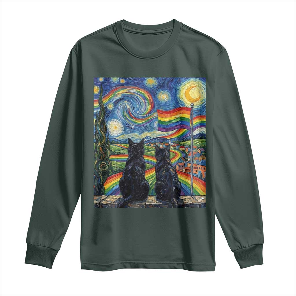 Cat Gay Pride Long Sleeve Shirt Starry Night Style LGBTQ Pride Support TS14 Dark Forest Green Print Your Wear