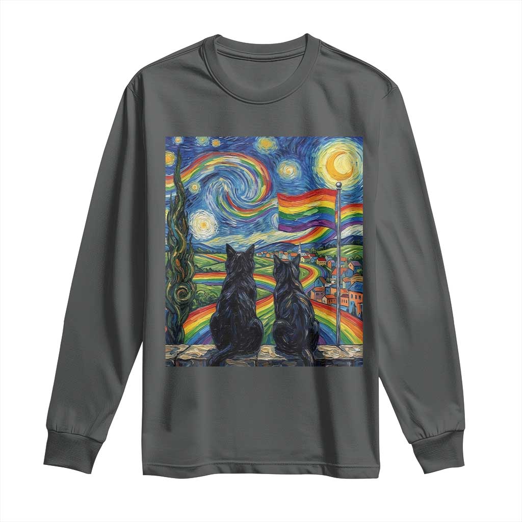 Cat Gay Pride Long Sleeve Shirt Starry Night Style LGBTQ Pride Support TS14 Dark Heather Print Your Wear