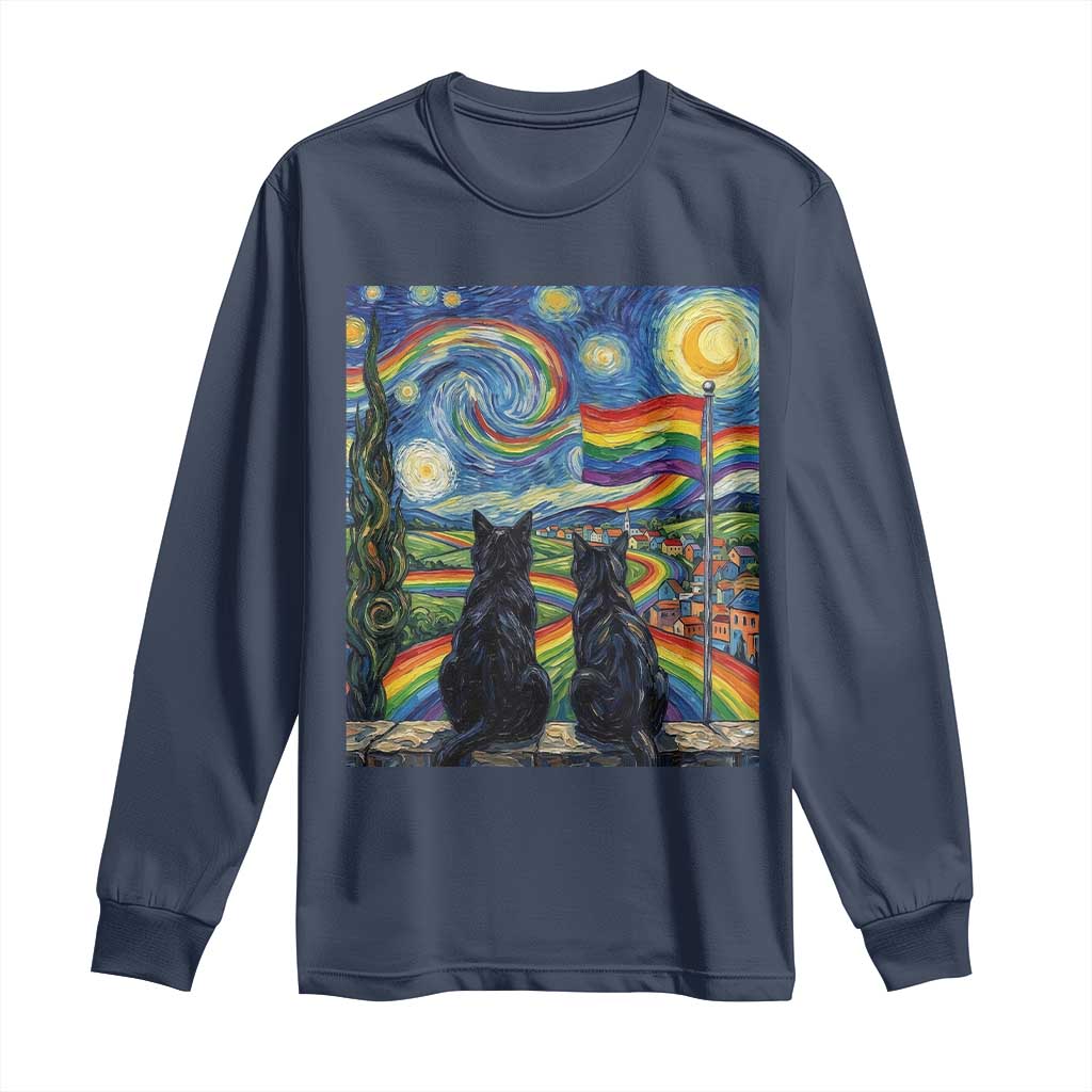 Cat Gay Pride Long Sleeve Shirt Starry Night Style LGBTQ Pride Support TS14 Navy Print Your Wear