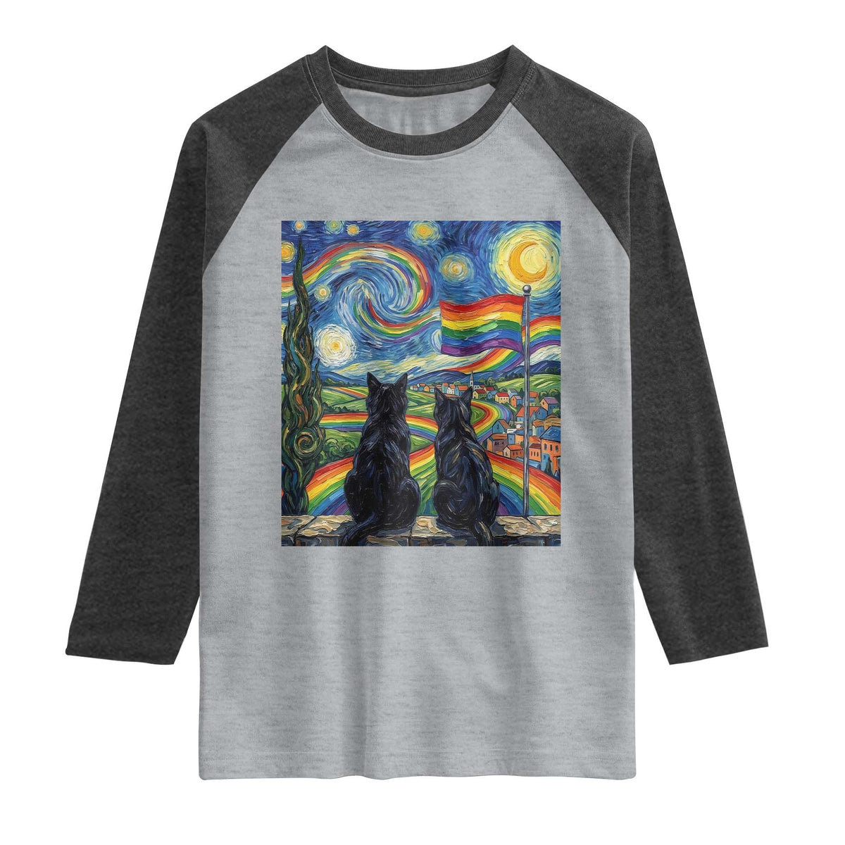 Cat Gay Pride Raglan Shirt Starry Night Style LGBTQ Pride Support