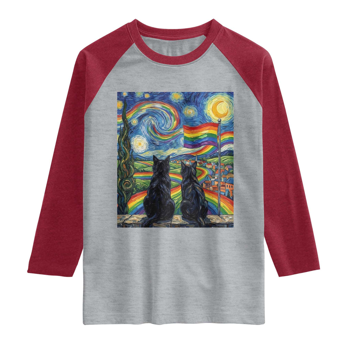 Cat Gay Pride Raglan Shirt Starry Night Style LGBTQ Pride Support