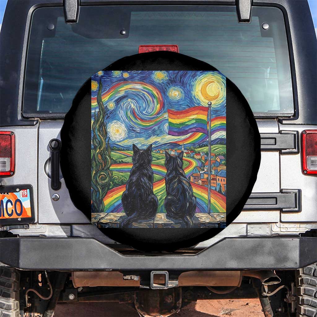 Cat Gay Pride Spare Tire Cover Starry Night Style LGBTQ Pride Support TS14 No hole Black Print Your Wear