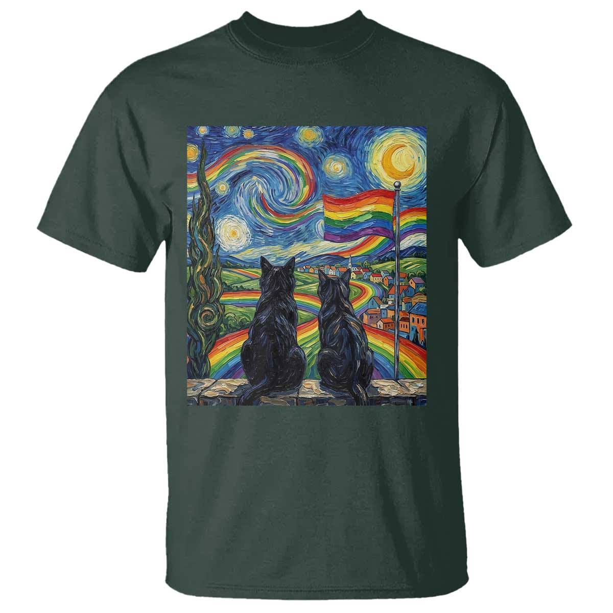 Cat Gay Pride T Shirt Starry Night Style LGBTQ Pride Support TS14 Dark Forest Green Print Your Wear