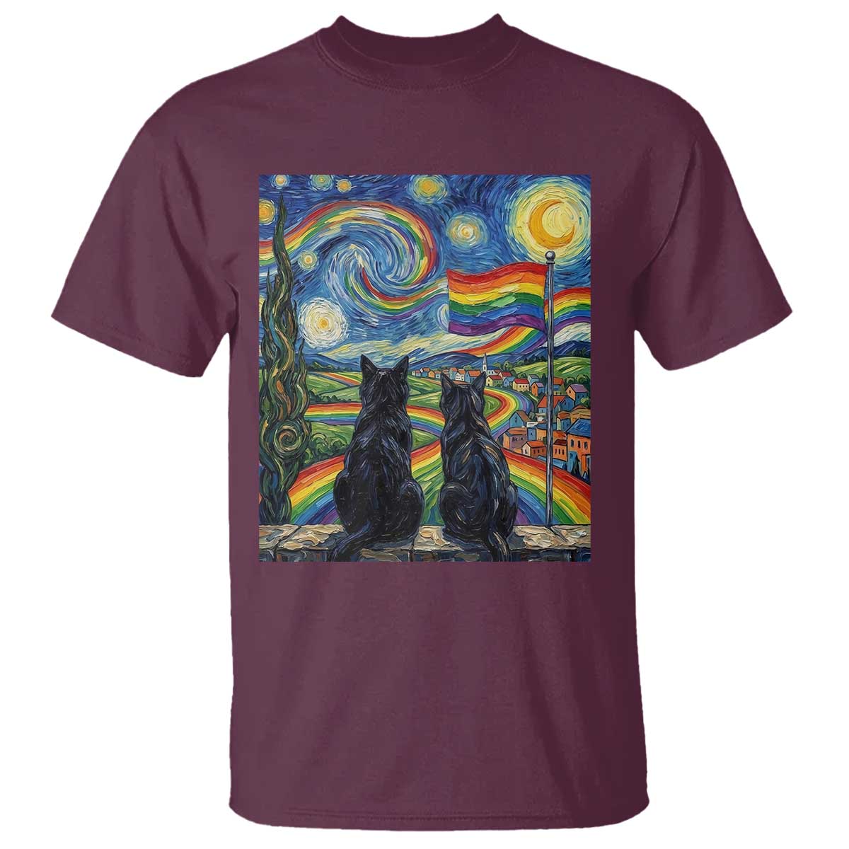 Cat Gay Pride T Shirt Starry Night Style LGBTQ Pride Support TS14 Maroon Print Your Wear