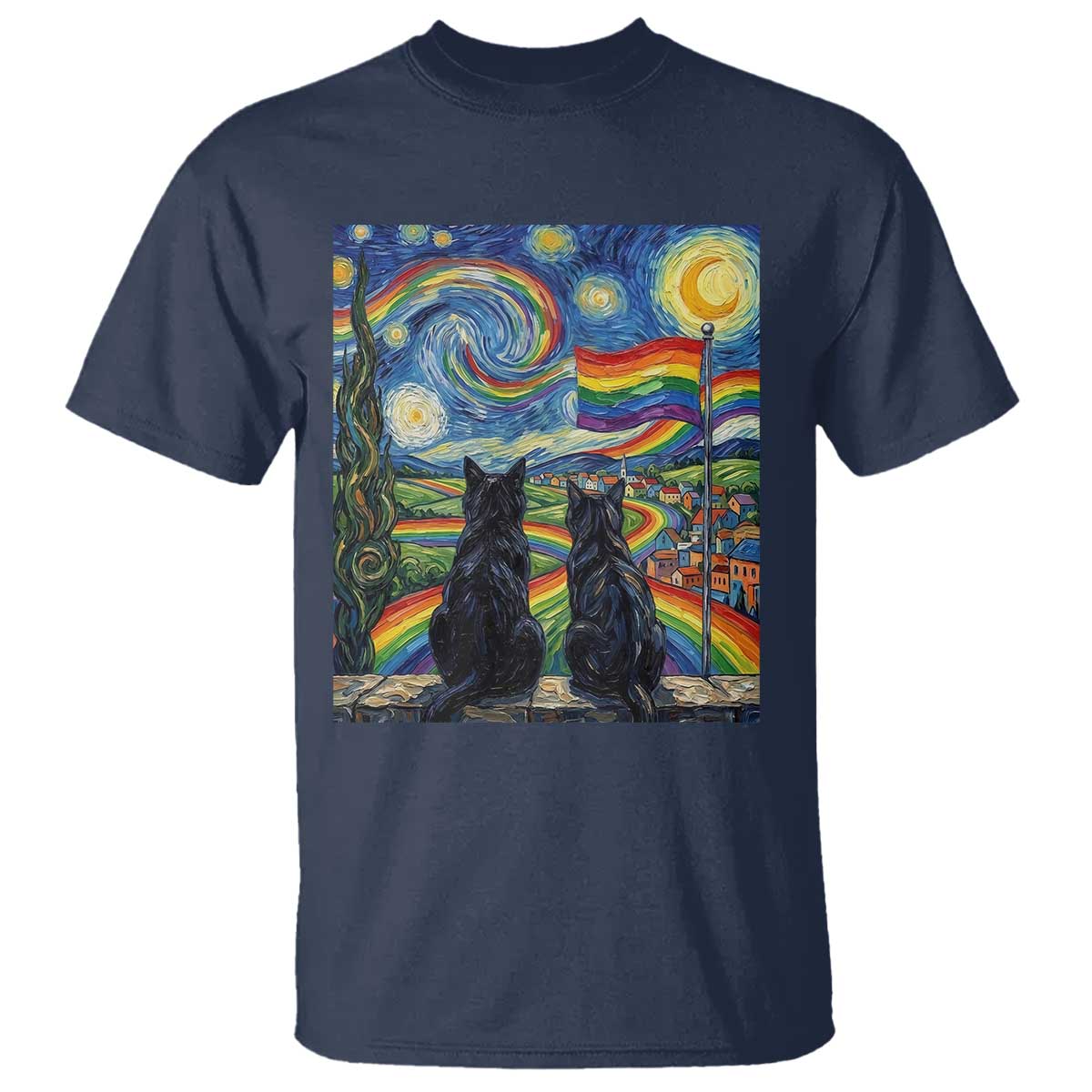 Cat Gay Pride T Shirt Starry Night Style LGBTQ Pride Support TS14 Navy Print Your Wear