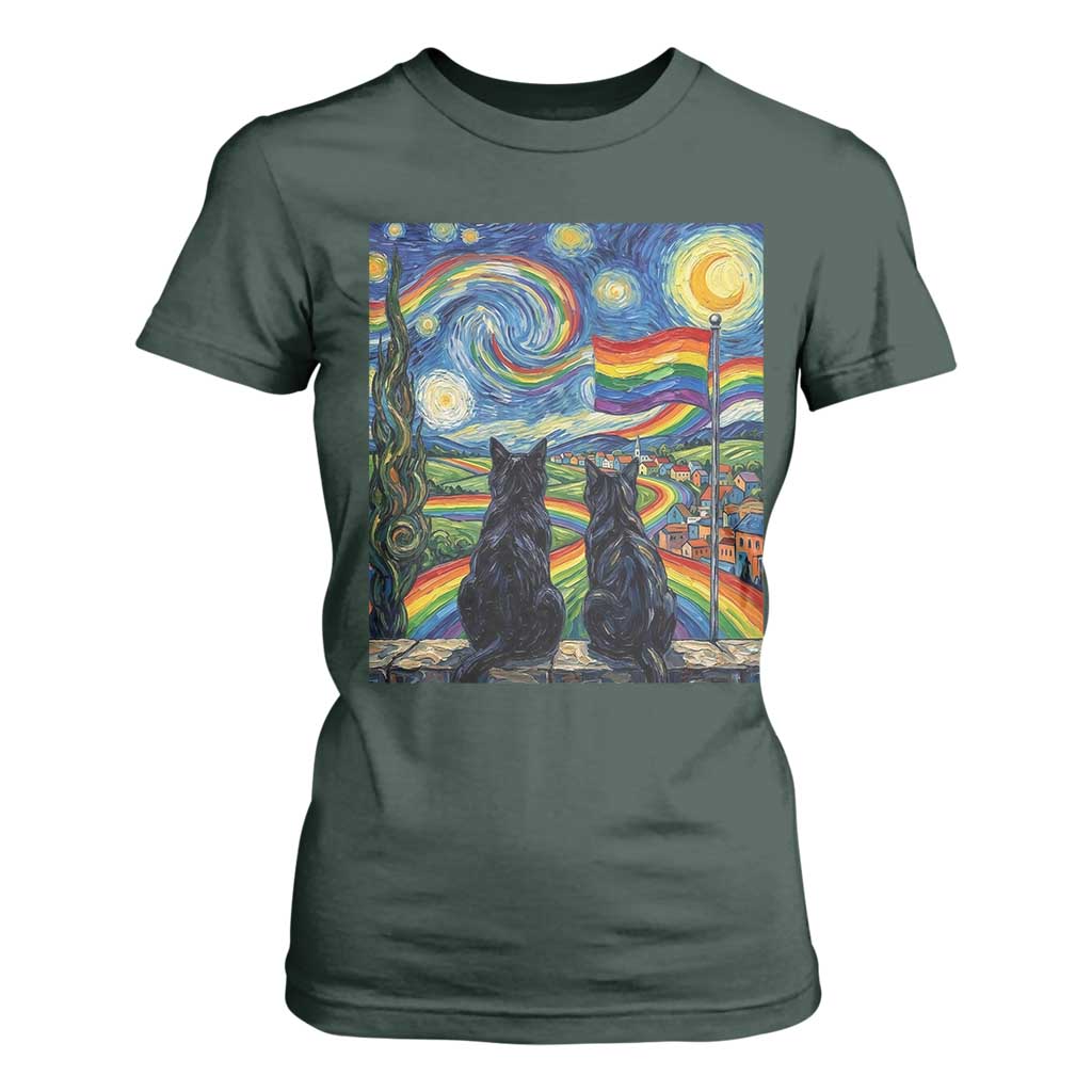 Cat Gay Pride T Shirt For Women Starry Night Style LGBTQ Pride Support TS14 Dark Forest Green Print Your Wear