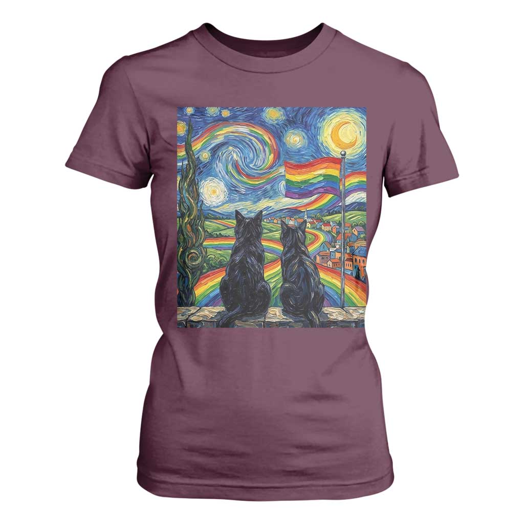 Cat Gay Pride T Shirt For Women Starry Night Style LGBTQ Pride Support TS14 Maroon Print Your Wear