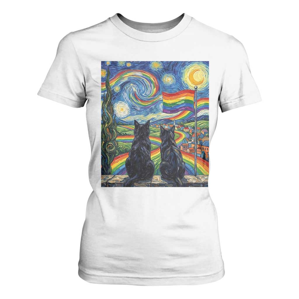Cat Gay Pride T Shirt For Women Starry Night Style LGBTQ Pride Support TS14 White Print Your Wear
