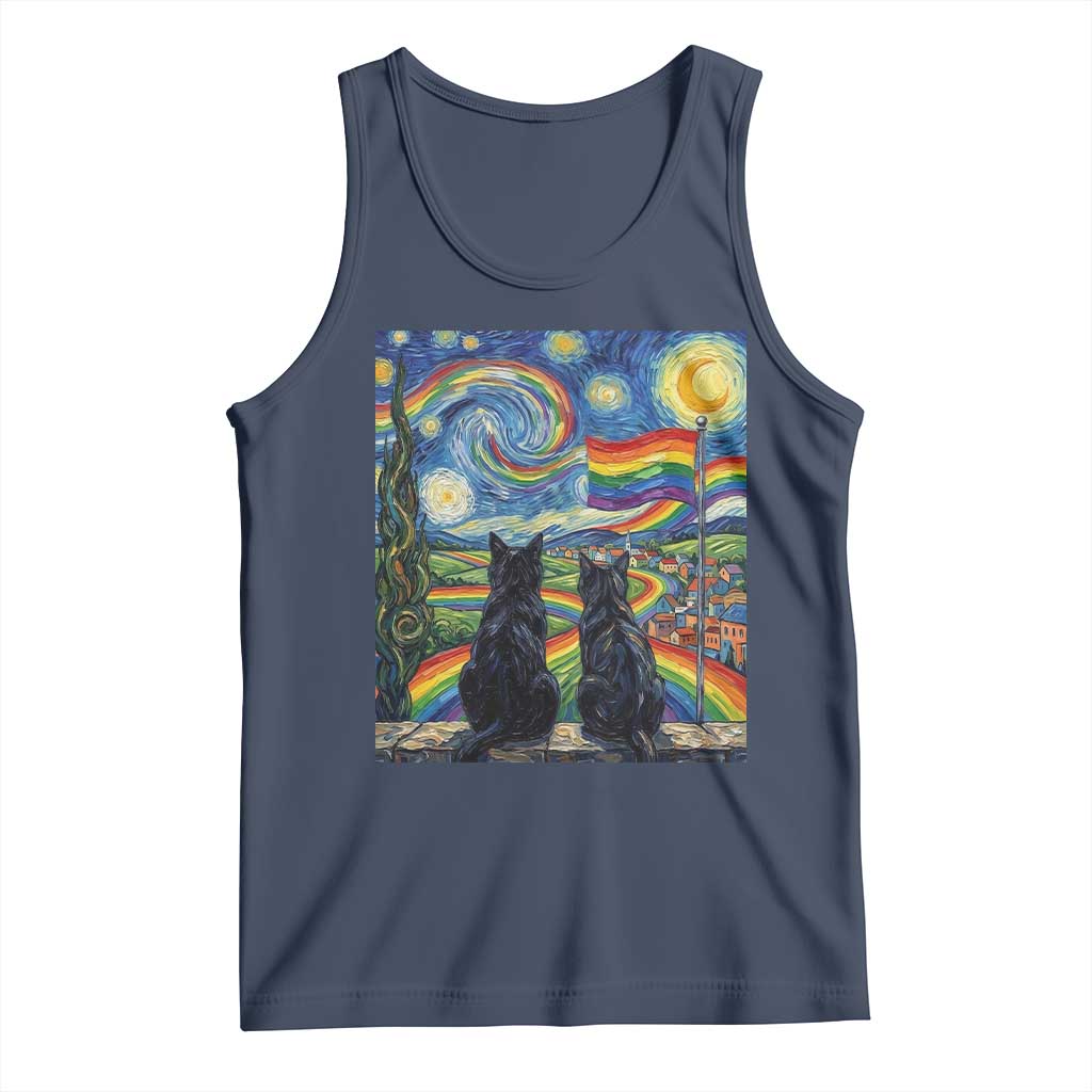 Cat Gay Pride Tank Top Starry Night Style LGBTQ Pride Support TS14 Navy Print Your Wear