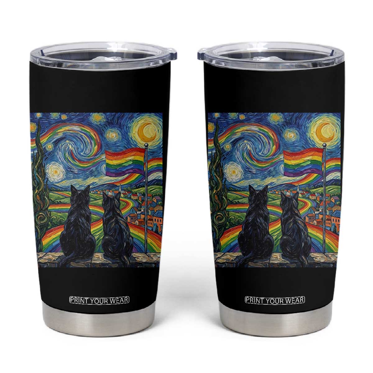 Cat Gay Pride Tumbler Cup Starry Night Style LGBTQ Pride Support TS14 Black Print Your Wear