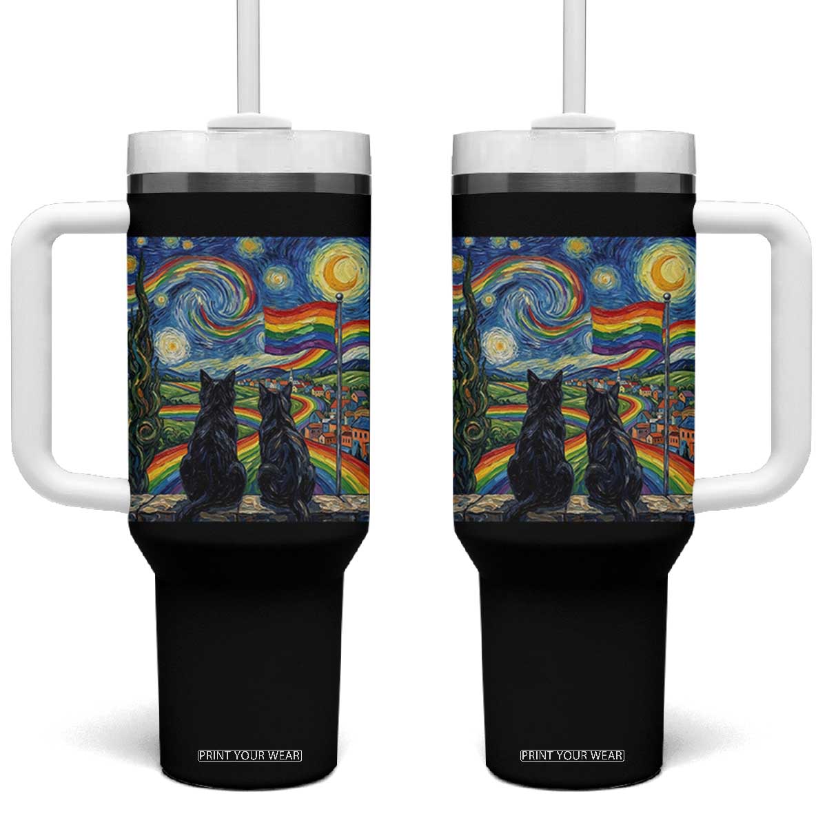 Cat Gay Pride Tumbler With Handle Starry Night Style LGBTQ Pride Support TS14 One Size: 40 oz Black Print Your Wear