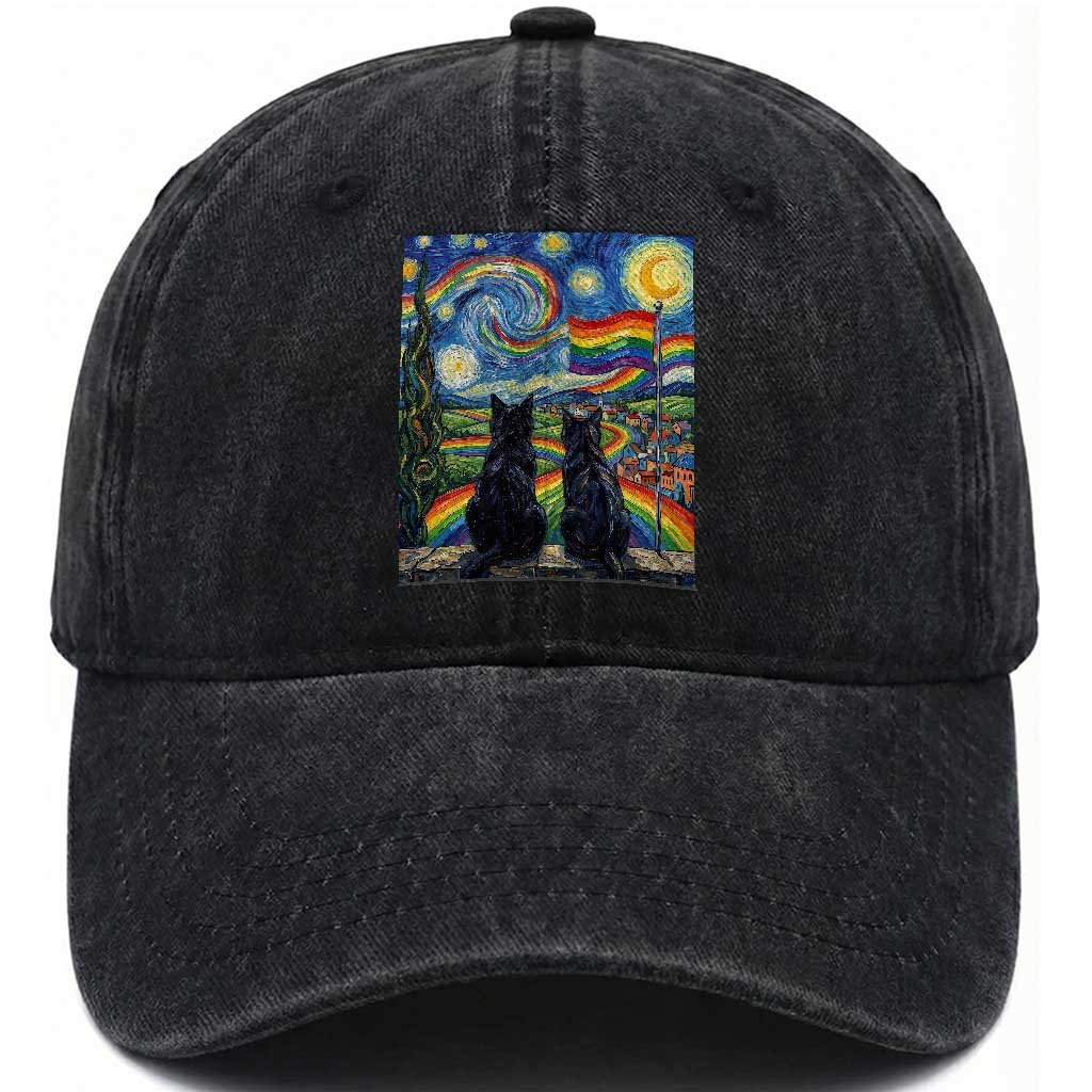 Cat Gay Pride Washed Cotton Baseball Cap Starry Night Style LGBTQ Pride Support