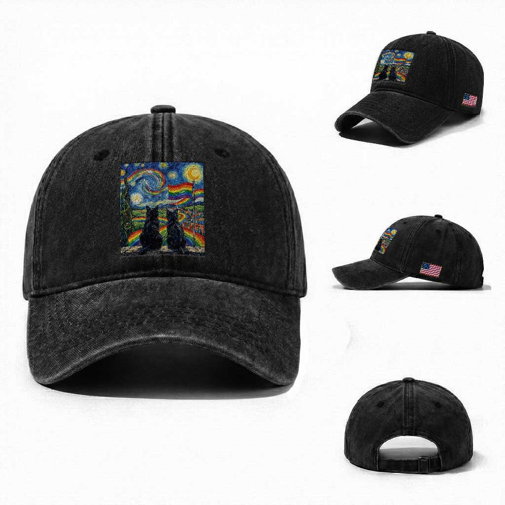 Cat Gay Pride Washed Cotton Baseball Cap Starry Night Style LGBTQ Pride Support
