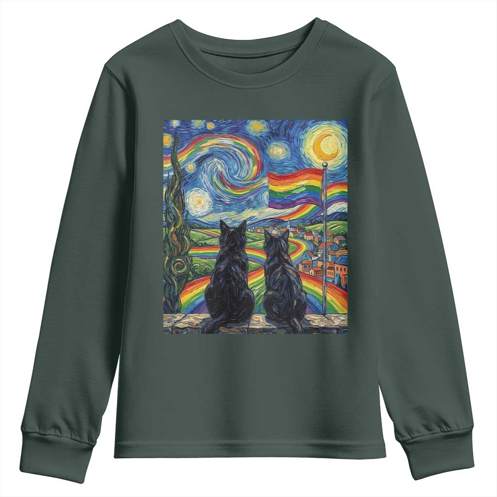 Cat Gay Pride Youth Sweatshirt Starry Night Style LGBTQ Pride Support TS14 Dark Forest Green Print Your Wear