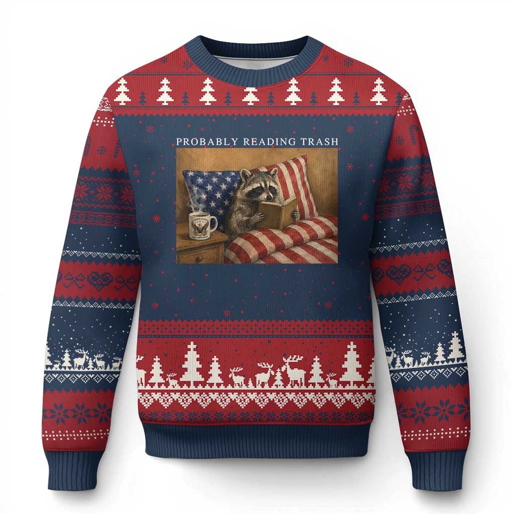 Probably Reading Trash Racoon Ugly Christmas Sweater Funny Racoon Book Lover 4th of July TS14 Navy Red Print Your Wear