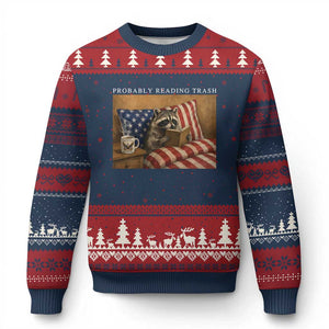Probably Reading Trash Racoon Ugly Christmas Sweater Funny Racoon Book Lover 4th of July TS14 Navy Red Print Your Wear