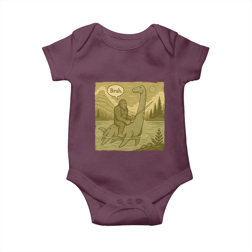 Funny Bigfoot Fishing Baby Onesie Sasquatch Loch Ness Monster Introvert Bruh TS14 Maroon Print Your Wear