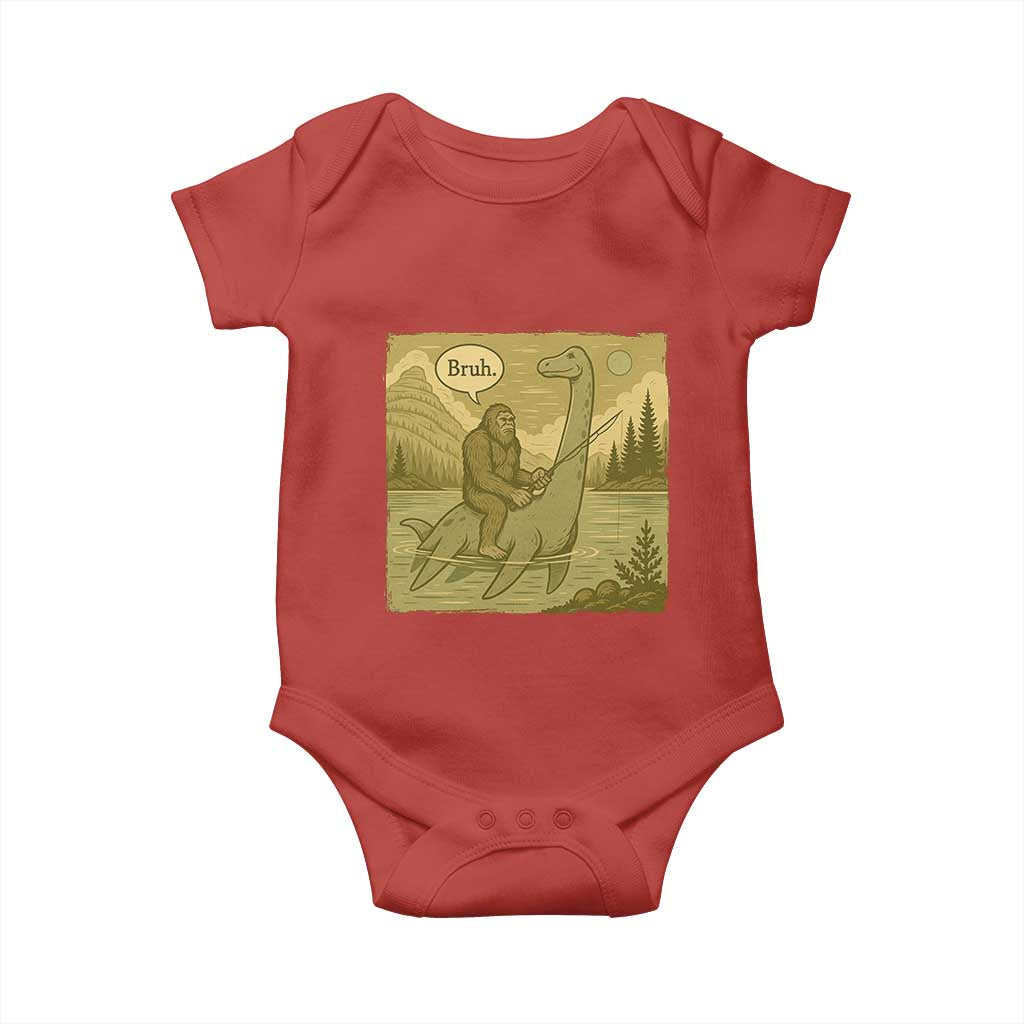 Funny Bigfoot Fishing Baby Onesie Sasquatch Loch Ness Monster Introvert Bruh TS14 Red Print Your Wear