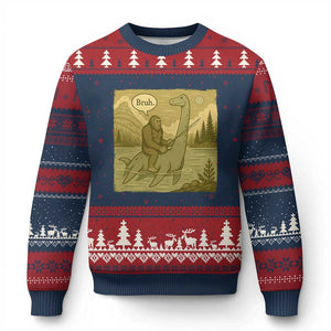 Funny Bigfoot Fishing Ugly Christmas Sweater Sasquatch Loch Ness Monster Introvert Bruh TS14 Navy Red Print Your Wear