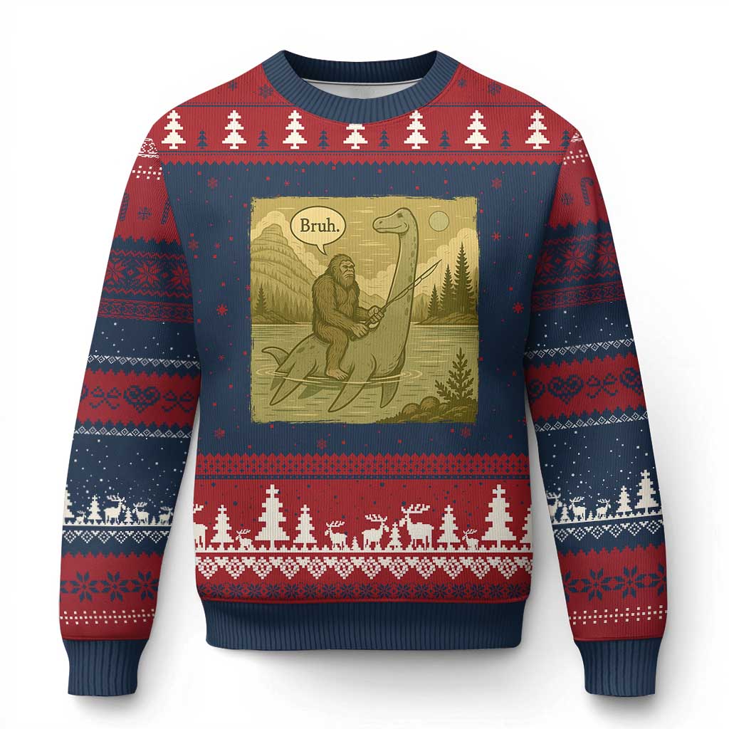 Funny Bigfoot Fishing Ugly Christmas Sweater Sasquatch Loch Ness Monster Introvert Bruh TS14 Navy Red Print Your Wear