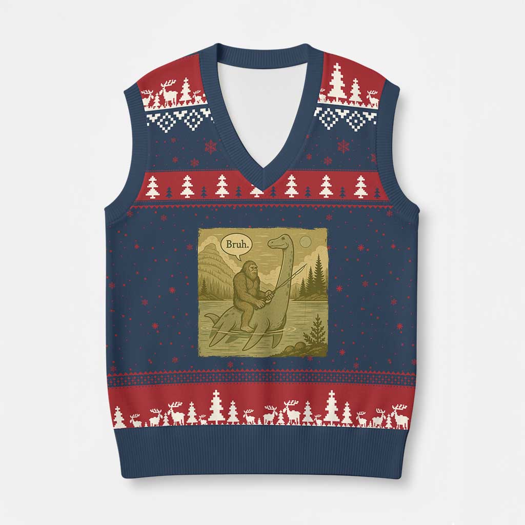 Funny Bigfoot Fishing V-Neck Knit Sweater Vest Sasquatch Loch Ness Monster Introvert Bruh TS14 Navy Red Print Your Wear