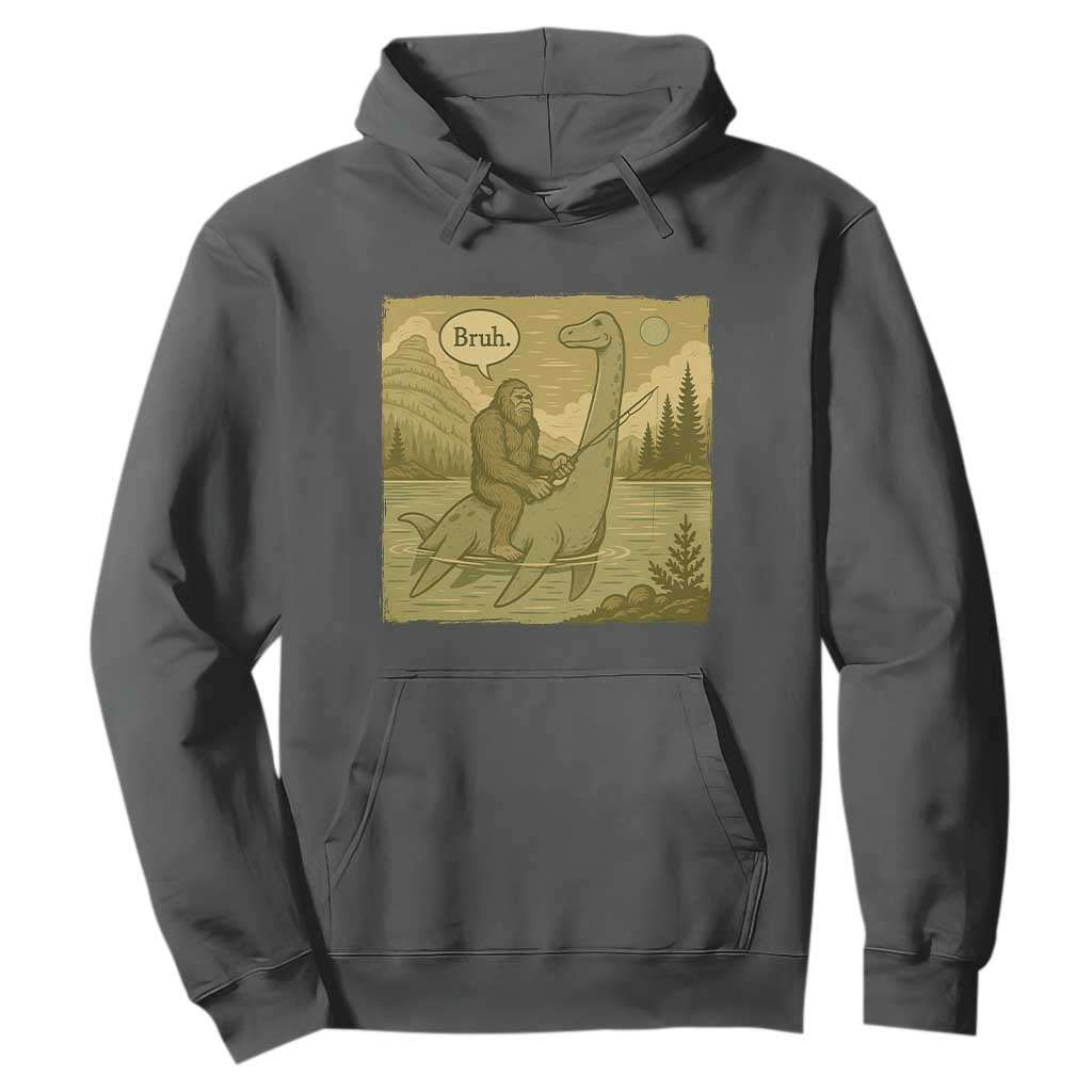Funny Bigfoot Fishing Hoodie Sasquatch Loch Ness Monster Introvert Bruh TS14 Dark Heather Print Your Wear