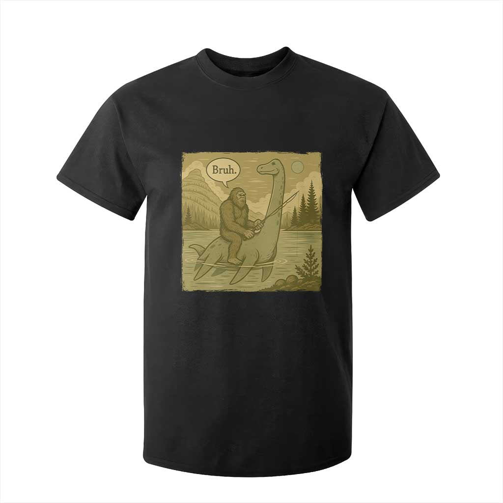 Funny Bigfoot Fishing T Shirt For Kid Sasquatch Loch Ness Monster Introvert Bruh TS14 Black Print Your Wear
