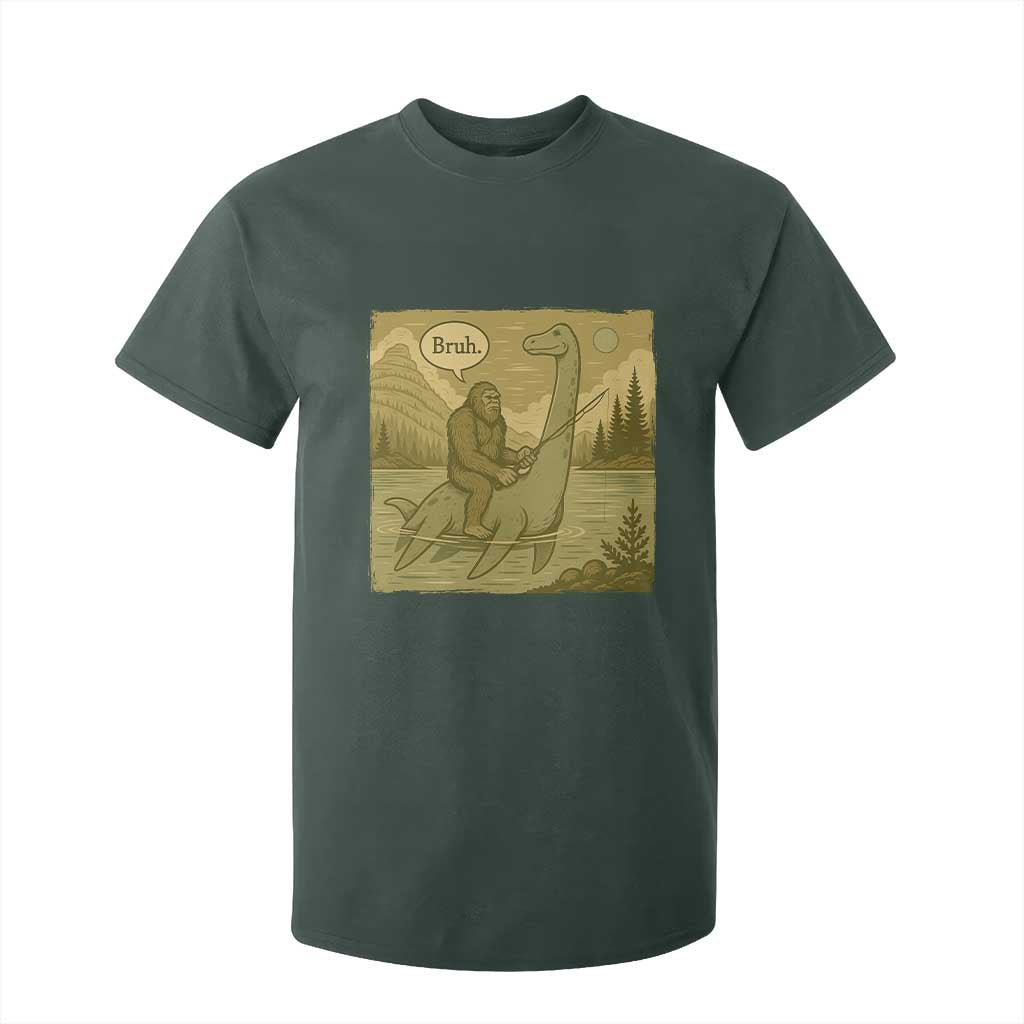 Funny Bigfoot Fishing T Shirt For Kid Sasquatch Loch Ness Monster Introvert Bruh TS14 Dark Forest Green Print Your Wear