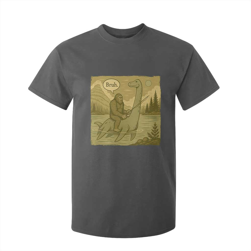 Funny Bigfoot Fishing T Shirt For Kid Sasquatch Loch Ness Monster Introvert Bruh TS14 Dark Heather Print Your Wear