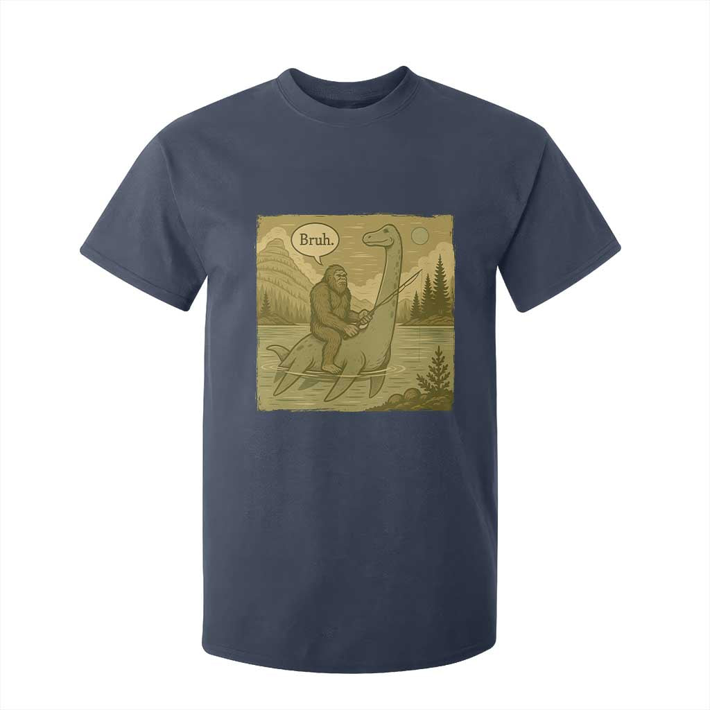Funny Bigfoot Fishing T Shirt For Kid Sasquatch Loch Ness Monster Introvert Bruh TS14 Navy Print Your Wear