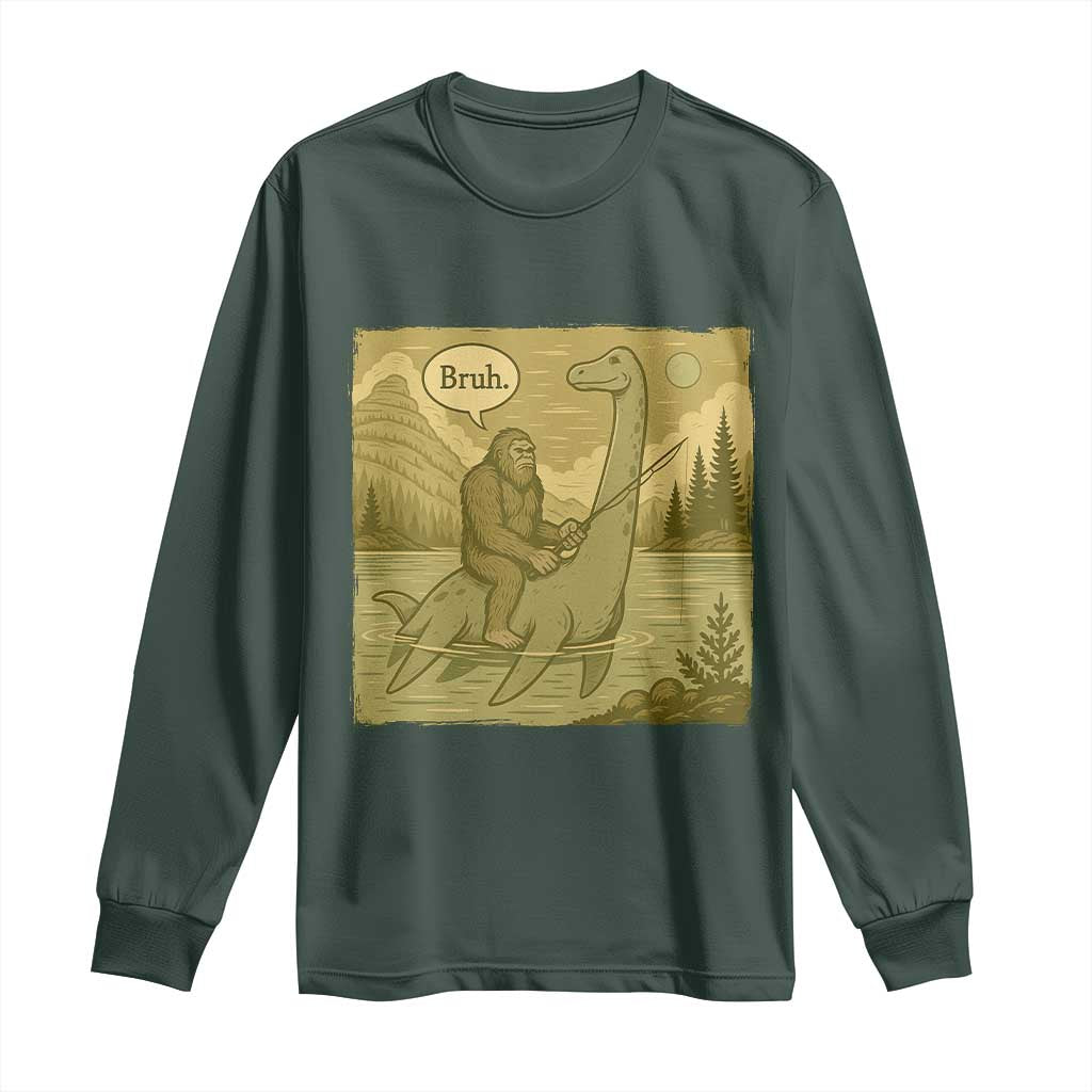 Funny Bigfoot Fishing Long Sleeve Shirt Sasquatch Loch Ness Monster Introvert Bruh TS14 Dark Forest Green Print Your Wear