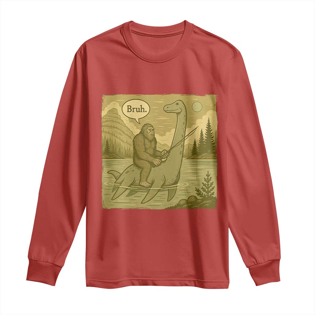 Funny Bigfoot Fishing Long Sleeve Shirt Sasquatch Loch Ness Monster Introvert Bruh TS14 Red Print Your Wear