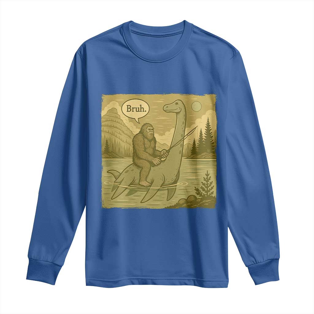 Funny Bigfoot Fishing Long Sleeve Shirt Sasquatch Loch Ness Monster Introvert Bruh TS14 Royal Blue Print Your Wear