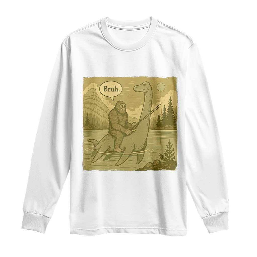 Funny Bigfoot Fishing Long Sleeve Shirt Sasquatch Loch Ness Monster Introvert Bruh TS14 White Print Your Wear