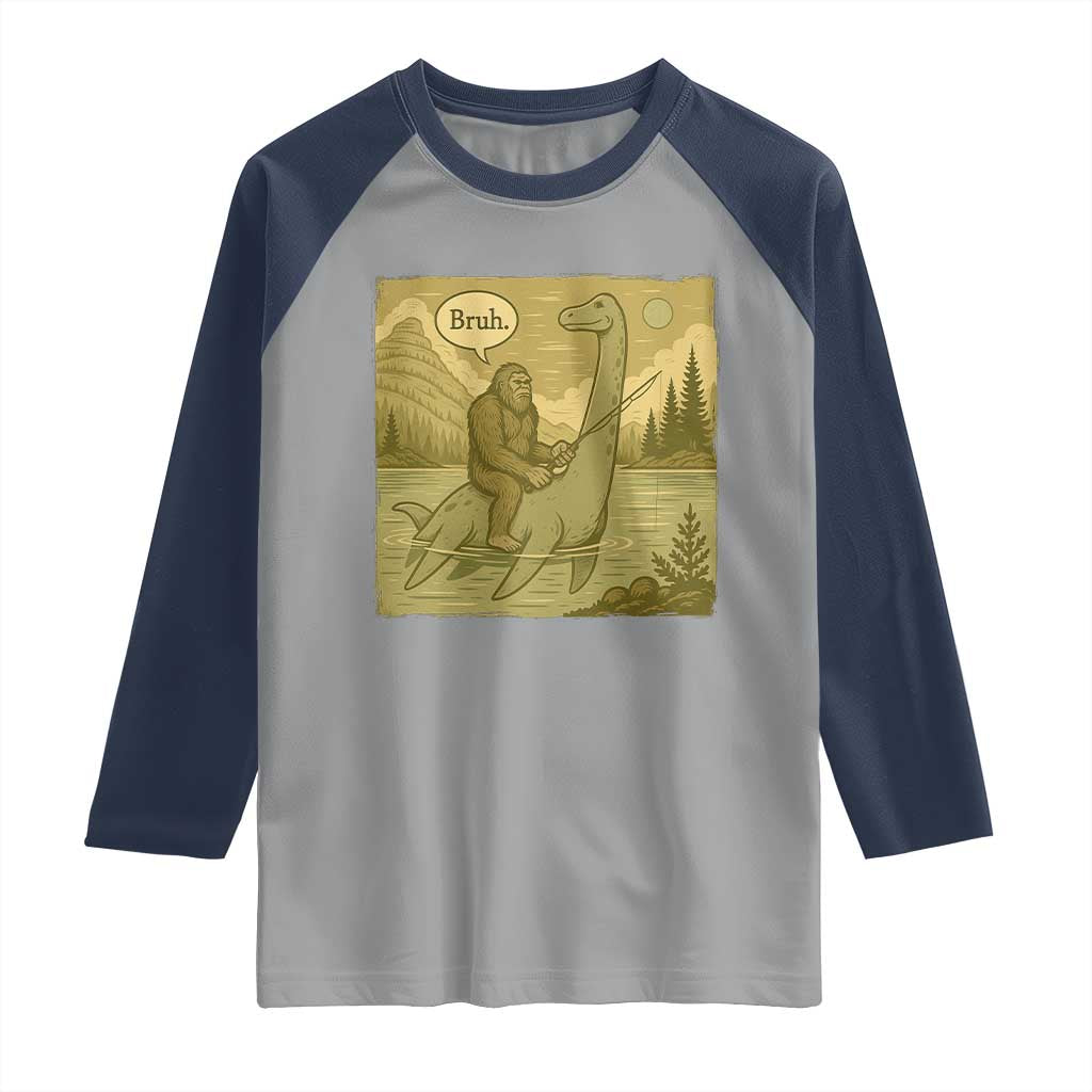 Funny Bigfoot Fishing Raglan Shirt Sasquatch Loch Ness Monster Introvert Bruh TS14 Sport Gray Navy Print Your Wear