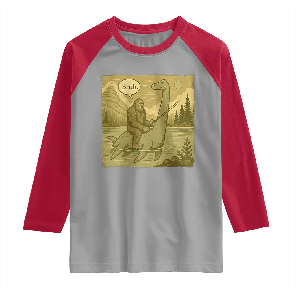 Funny Bigfoot Fishing Raglan Shirt Sasquatch Loch Ness Monster Introvert Bruh TS14 Sport Gray Red Print Your Wear