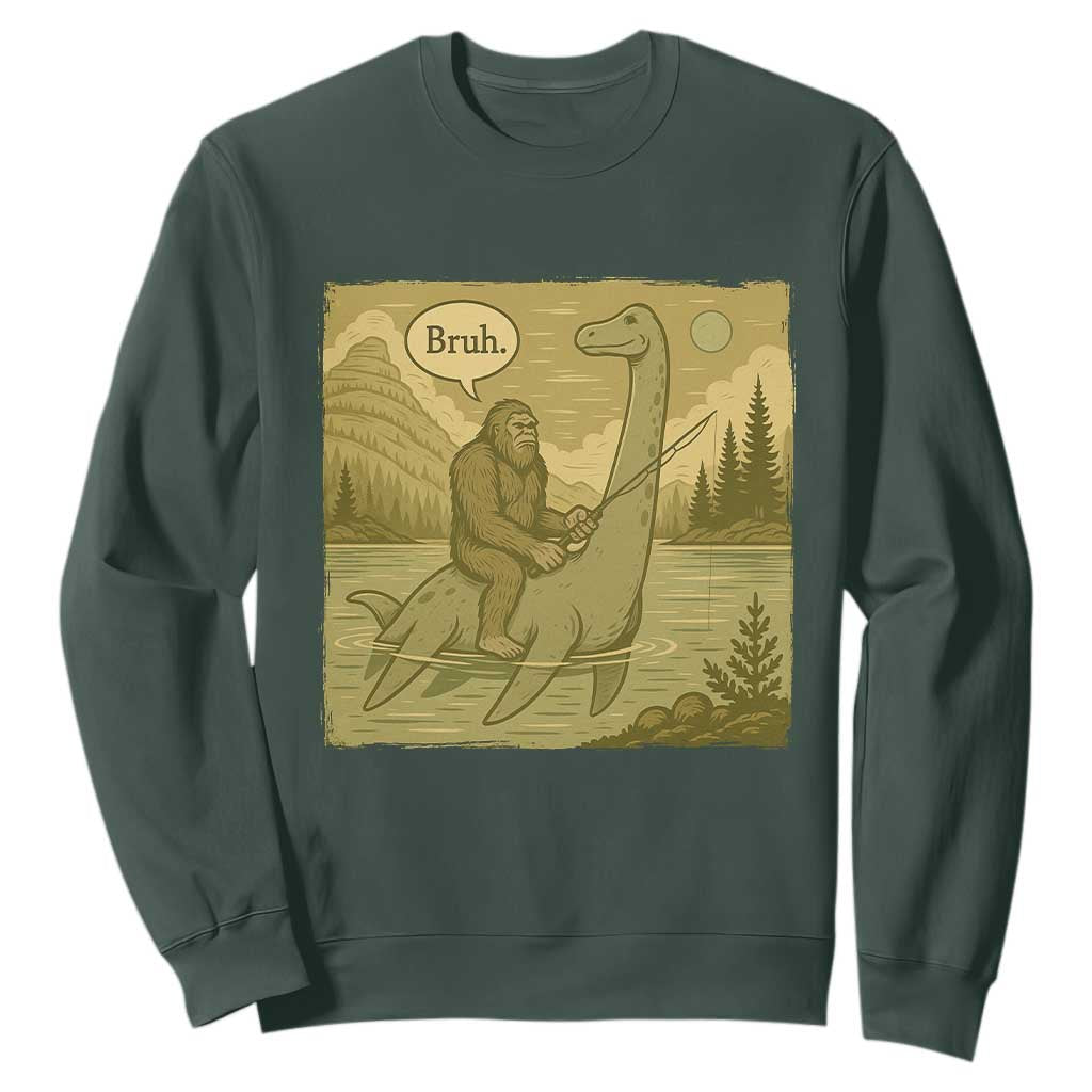 Funny Bigfoot Fishing Sweatshirt Sasquatch Loch Ness Monster Introvert Bruh TS14 Dark Forest Green Print Your Wear