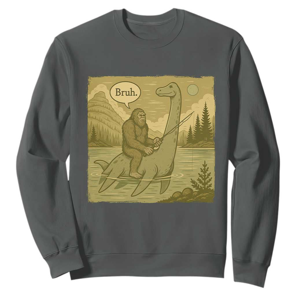 Funny Bigfoot Fishing Sweatshirt Sasquatch Loch Ness Monster Introvert Bruh TS14 Dark Heather Print Your Wear