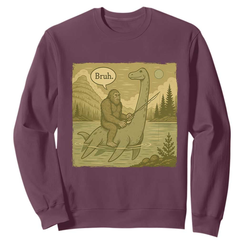 Funny Bigfoot Fishing Sweatshirt Sasquatch Loch Ness Monster Introvert Bruh TS14 Maroon Print Your Wear